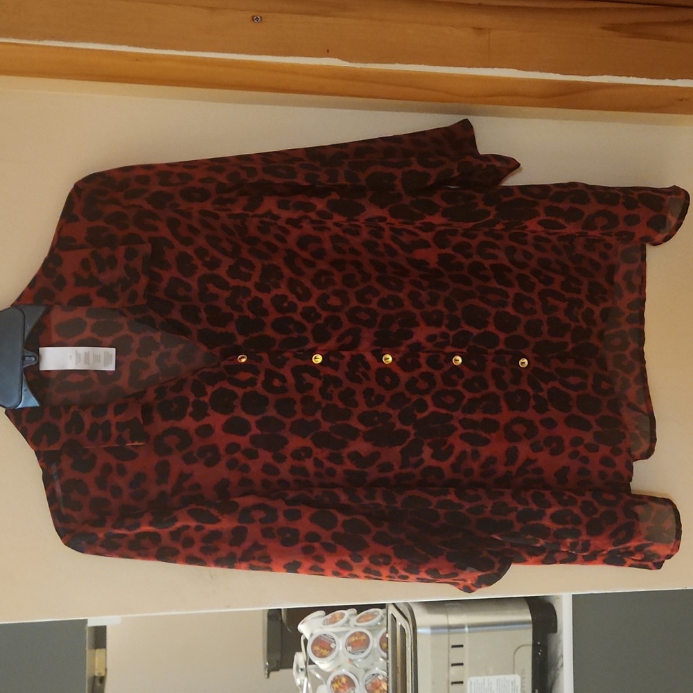 Avon Leopard Print Semi Sheer Button Down Blouse Red Black & Gold Women’s L